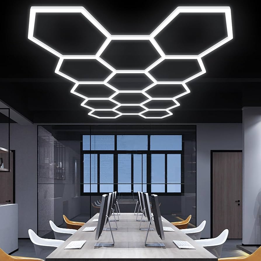 Boutique office with grid wall lights